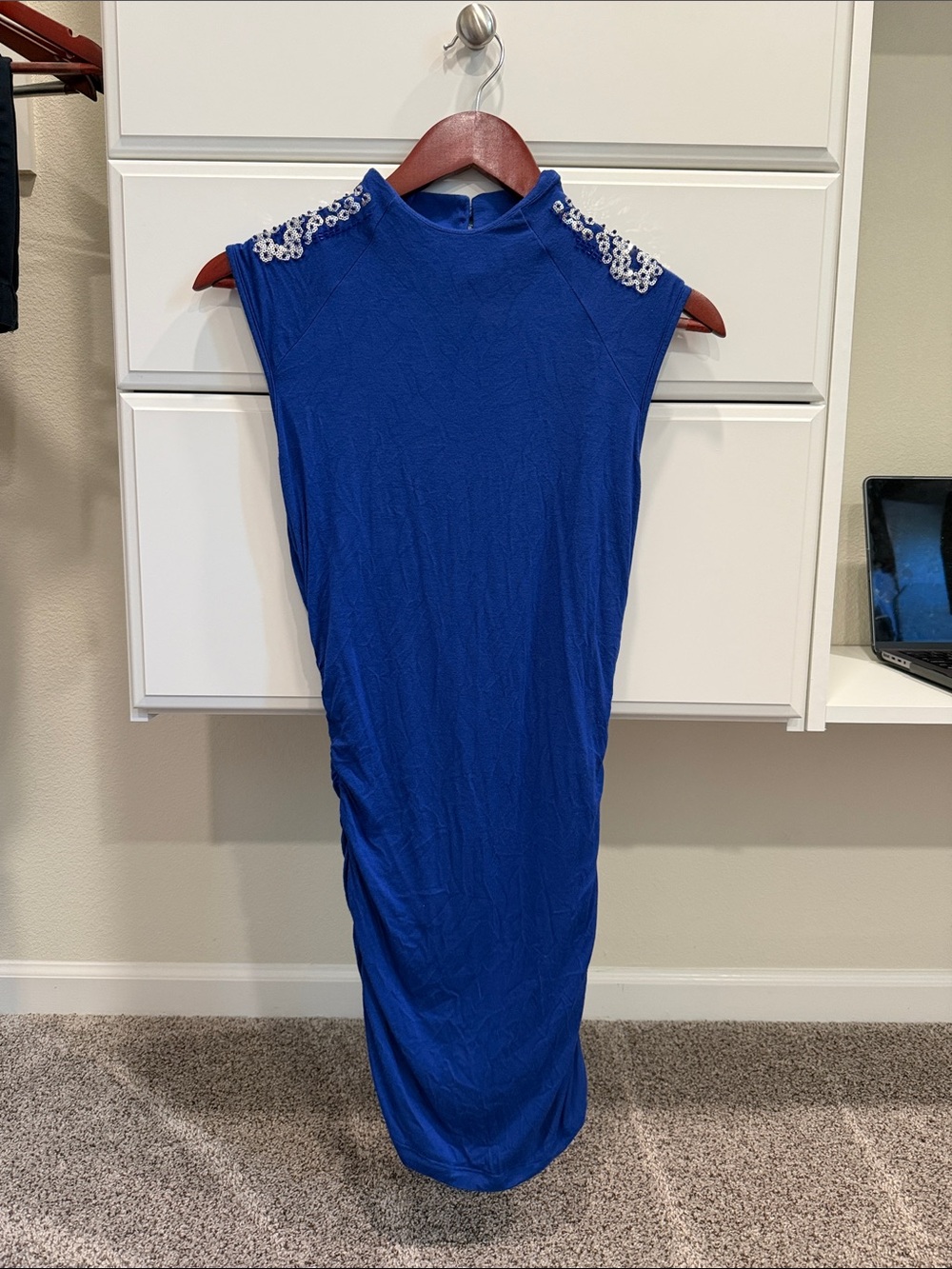 bebe Cobalt Blue Sleeveless Midi Dress with Embellished Shoulders